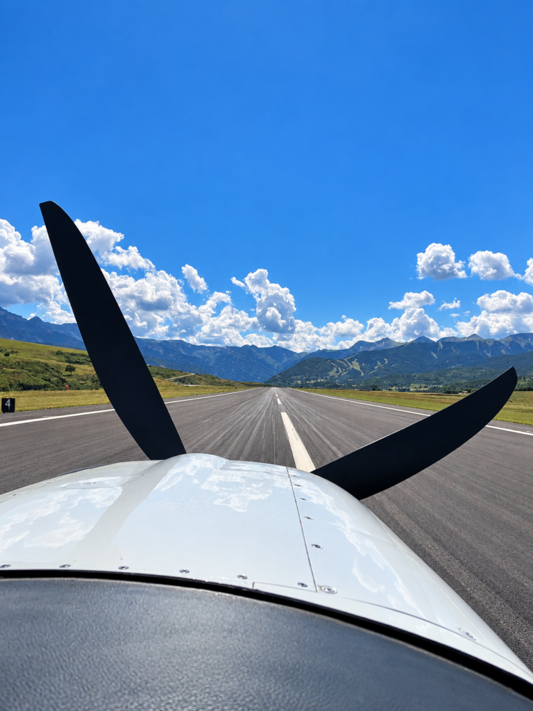 Propeller plane over an alpine runway